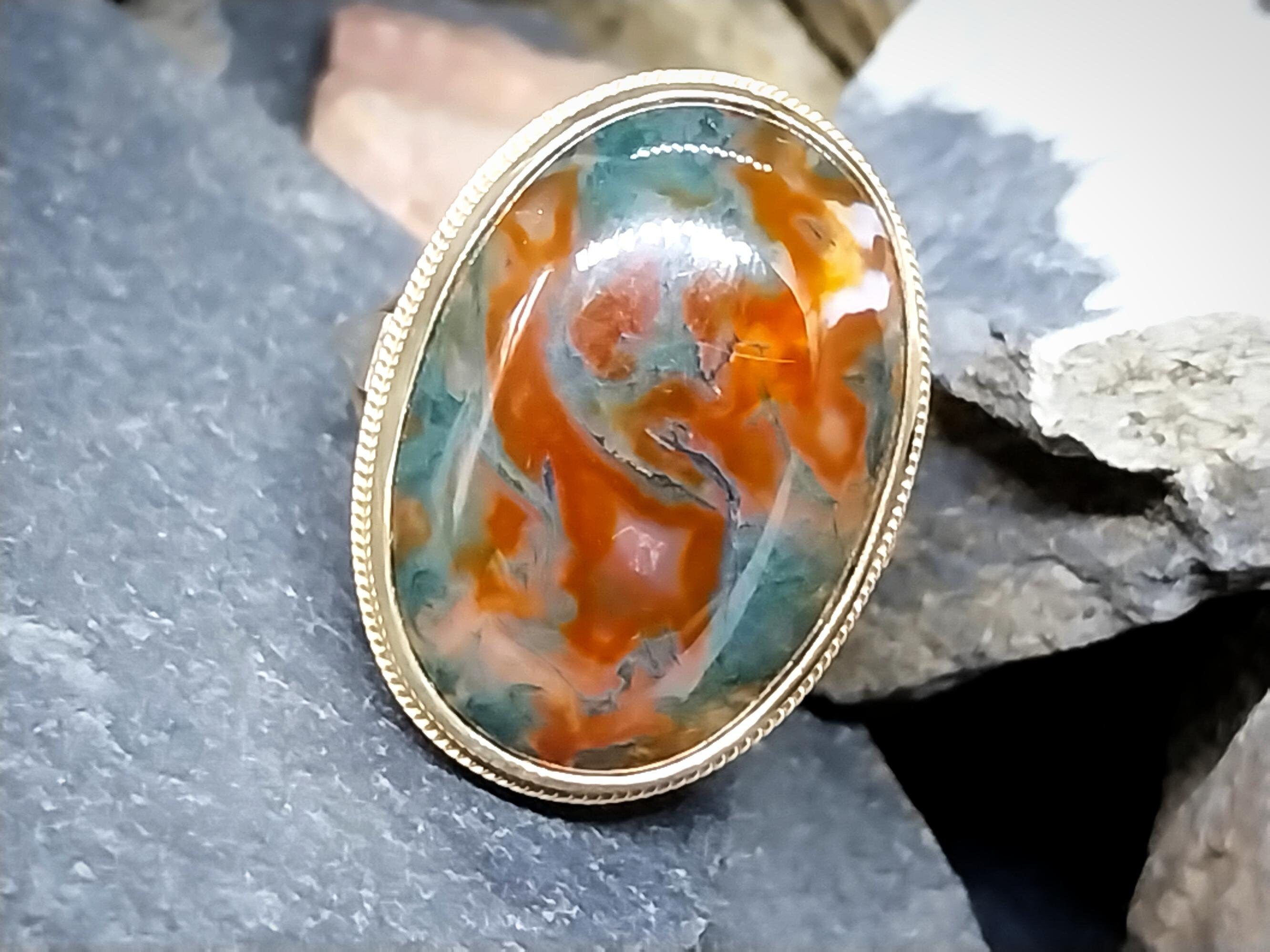 Huge Vintage 9ct Gold MOSS AGATE Ring - Dendritic - Size uk P (us 7.5) - 8.1g
