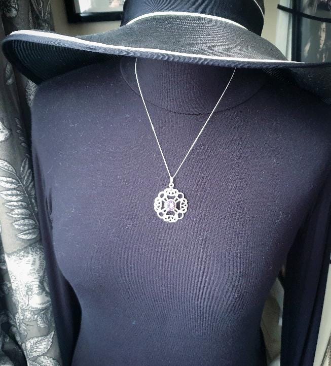 Vintage ORTAK Amethyst Pendant Necklace - Malcolm Grey on 20" silver chain - 8.2g