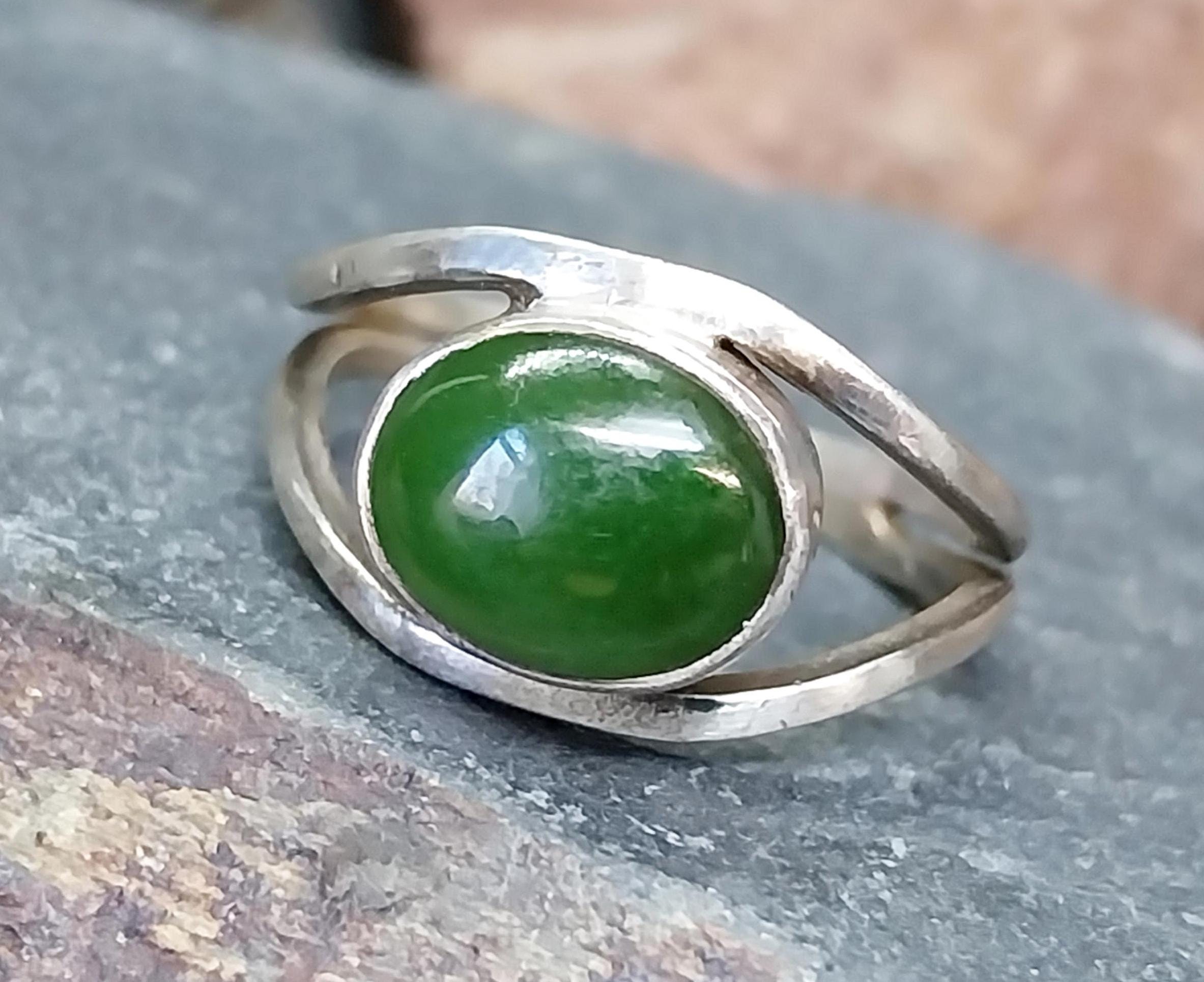 Vintage Sterling Silver Ring - Forest Green Agate - uk size Q (8) - 3.8g