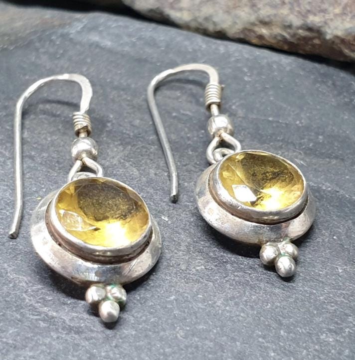 Vintage Sterling Silver Drop Earrings - with Citrine gemstone - 4.3g