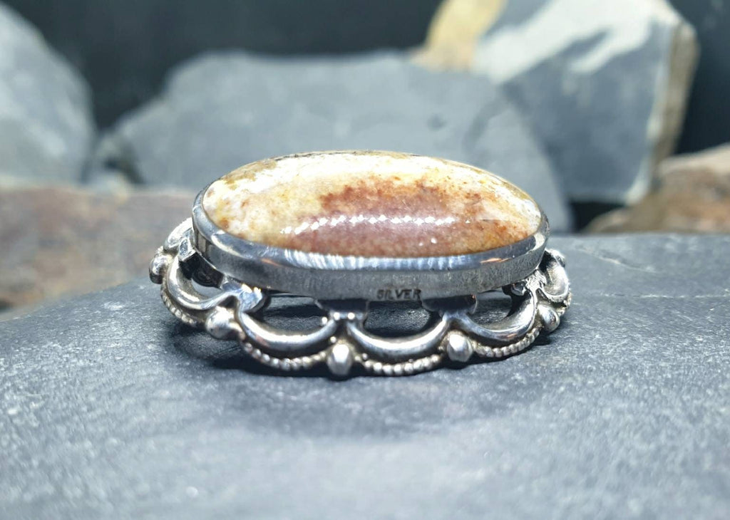 Vintage Agate Sandscape Brooch - Art Deco Sterling Silver - 8.4g