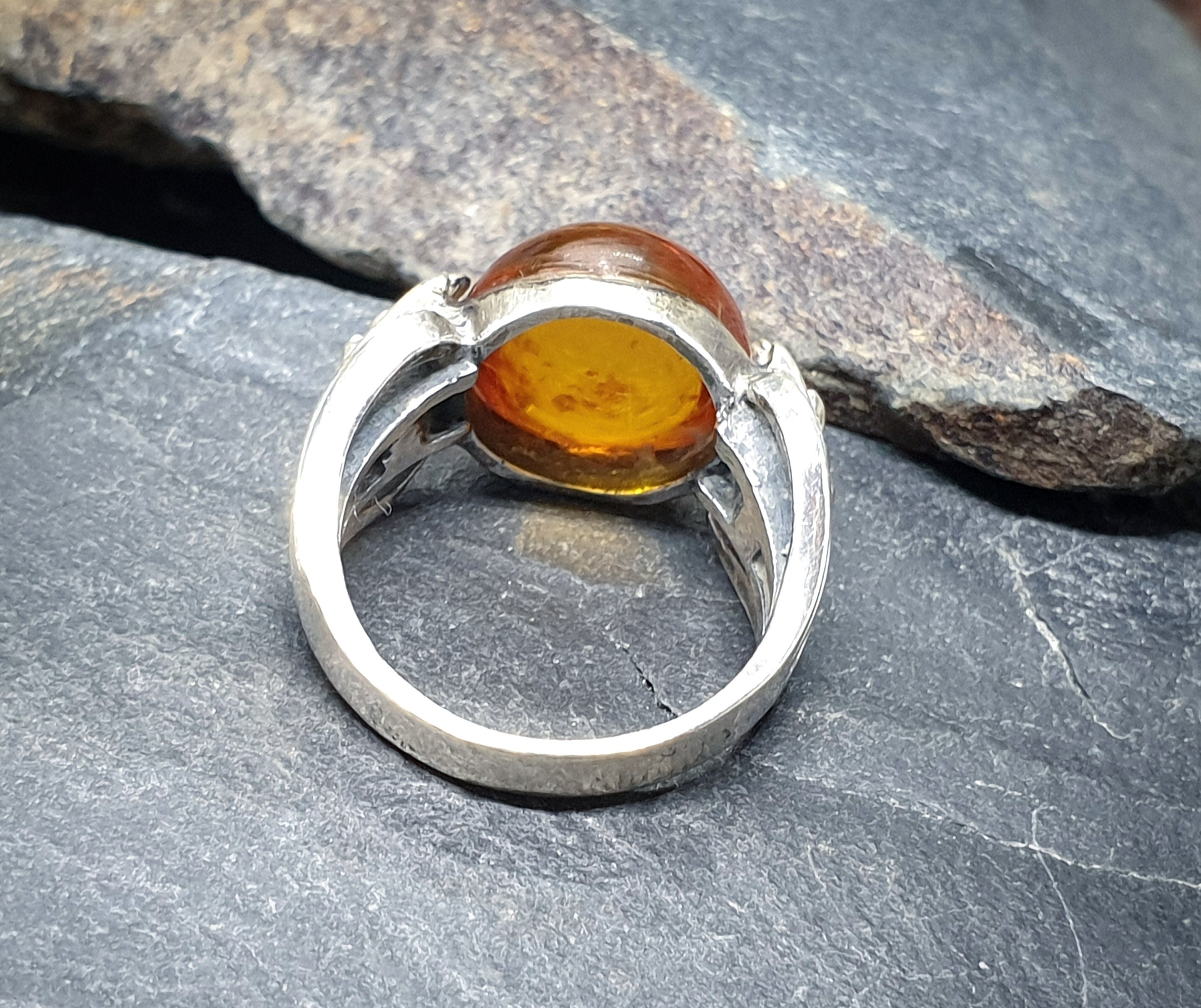 Vintage Baltic AMBER Sterling Silver Ring - uk size M (6) - 5.6g