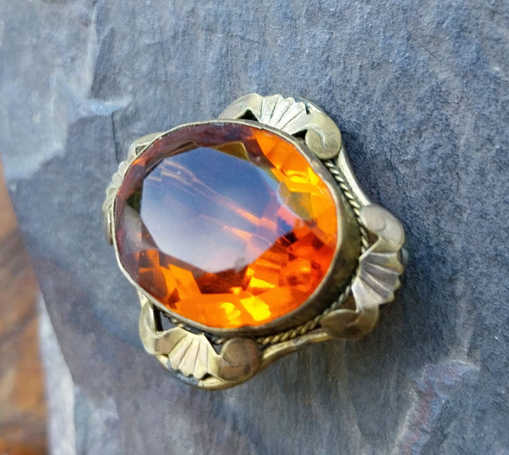 Antique Pinchbeck BROOCH with Brandy Orange Gemstone - 6g
