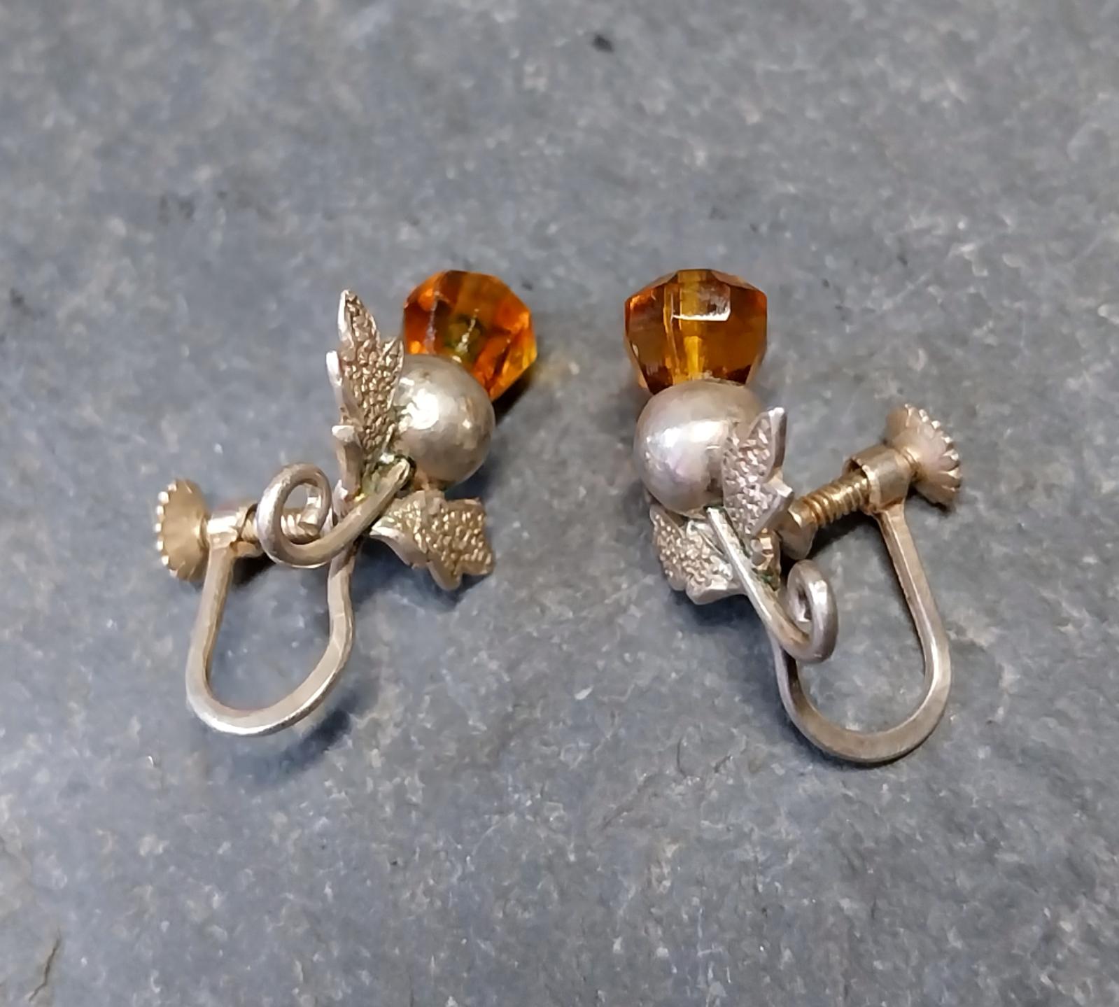Antique Sterling Silver Carnelian Thistle Earrings - Screw Backs - 3.4g