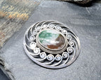 Large Sterling Silver Moss Agate Silver Brooch - 11.1g