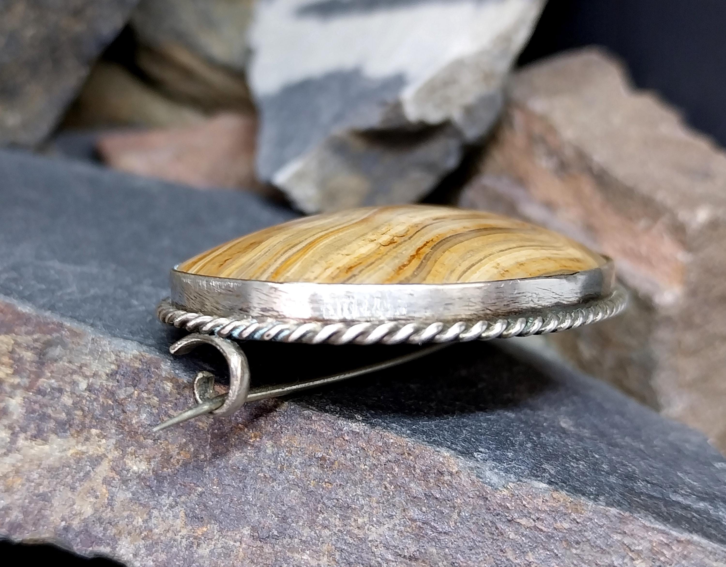 Antique Silver Banded JASPER Landscape Agate Brooch - Victorian - 18.4g