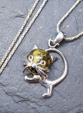 Sterling Silver AMBER CAT Kitten Pendant Chain Necklace 18" Length - 7.1g