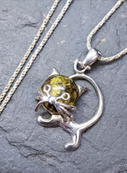 Sterling Silver AMBER CAT Kitten Pendant Chain Necklace 18" Length - 7.1g