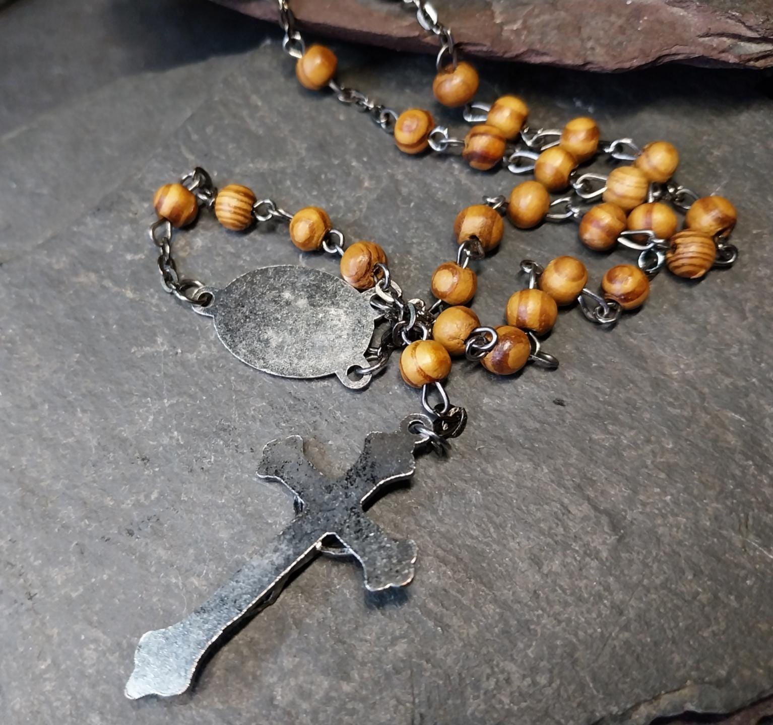 Vintage Wooden ROSARY BEADS with Crucifix - 28" Necklace - 14.4g