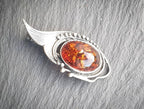 Vintage SILVER AMBER Brooch - Abstract Leaf Art Nouveau Style - 4.2g