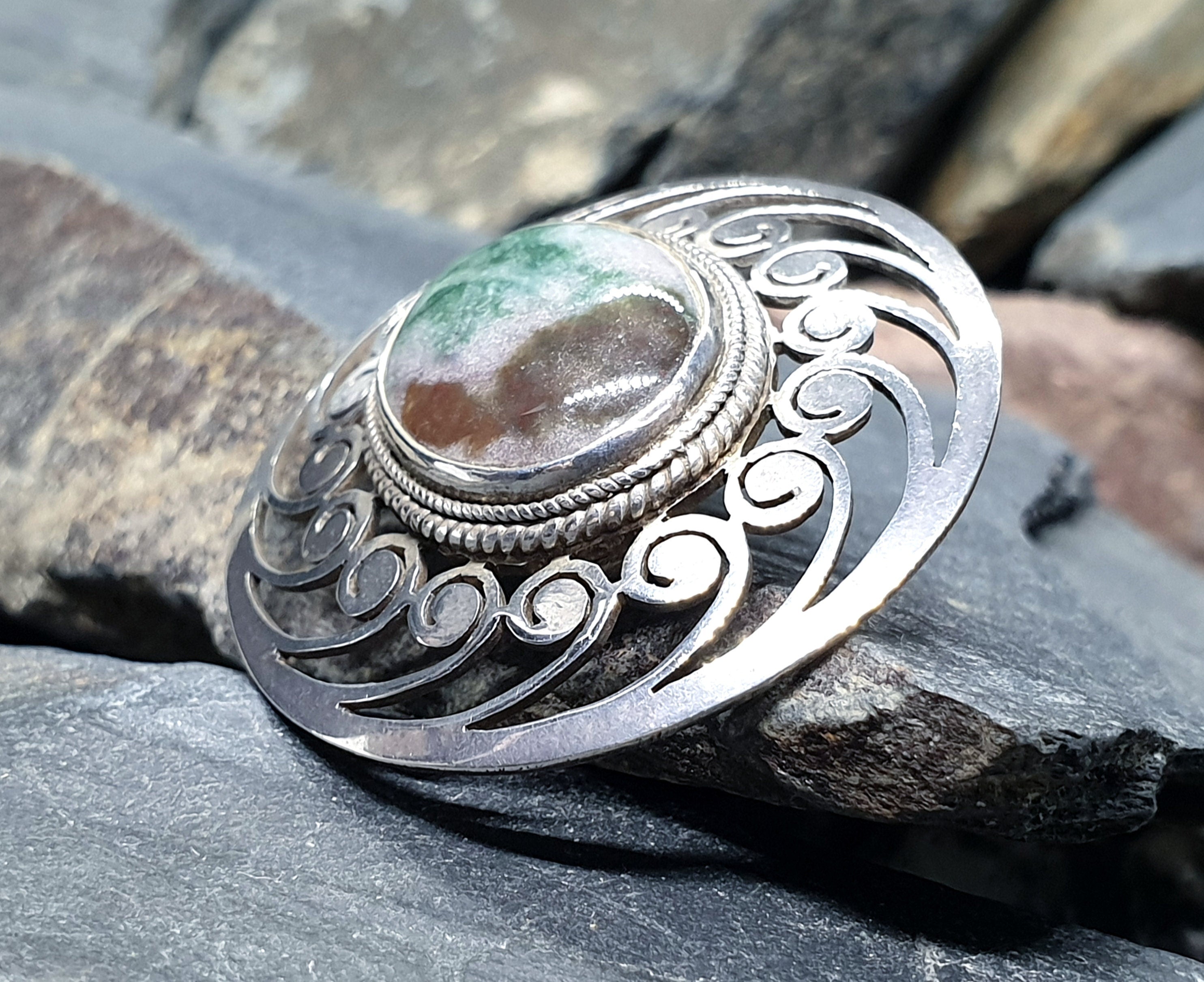 Large Sterling Silver Moss Agate Silver Brooch - 11.1g