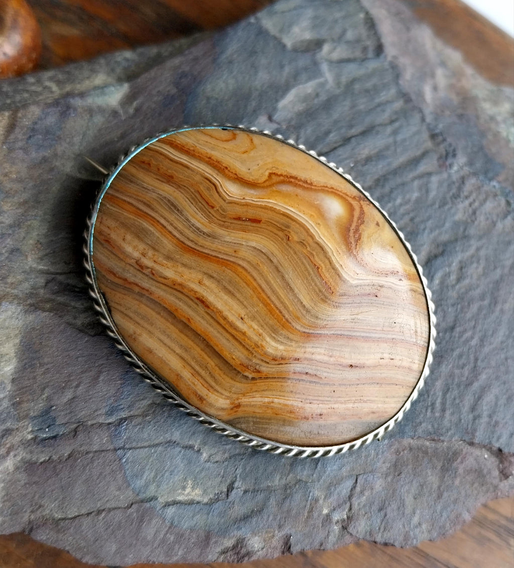 Antique Silver Banded JASPER Landscape Agate Brooch - Victorian - 18.4g