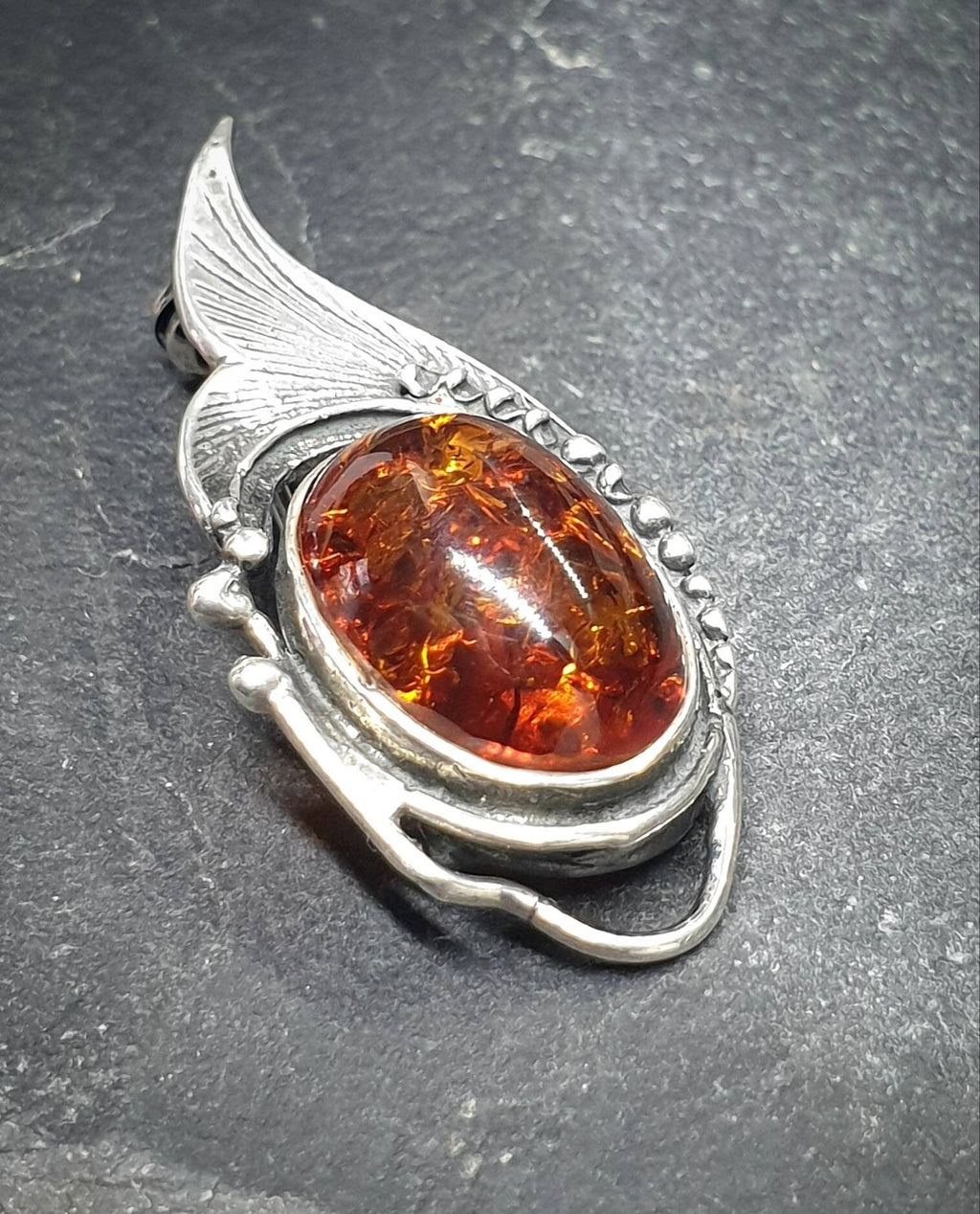 Vintage SILVER AMBER Brooch - Abstract Leaf Art Nouveau Style - 4.2g