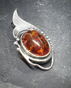 Vintage SILVER AMBER Brooch - Abstract Leaf Art Nouveau Style - 4.2g