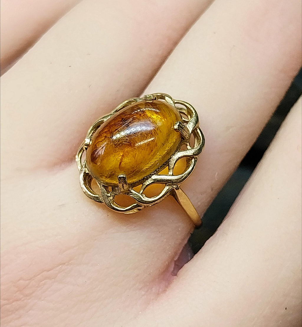 Vintage 9ct GOLD FIRE AMBER Ring - Size uk Q (us 8) - 2.5g