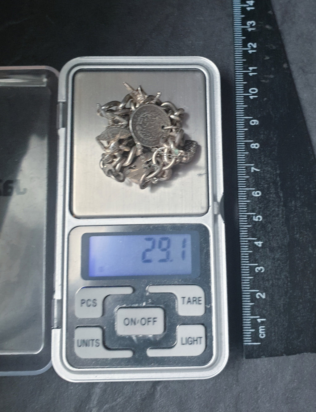 Vintage Silver CHARM BRACELET with 4 Charms and heart padlock clasp - 29.1g