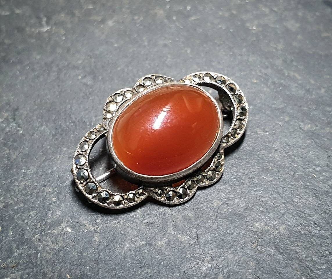 Vintage Carnelian Brooch - with Marcasite Stones, Scottish Silver - 5.9g