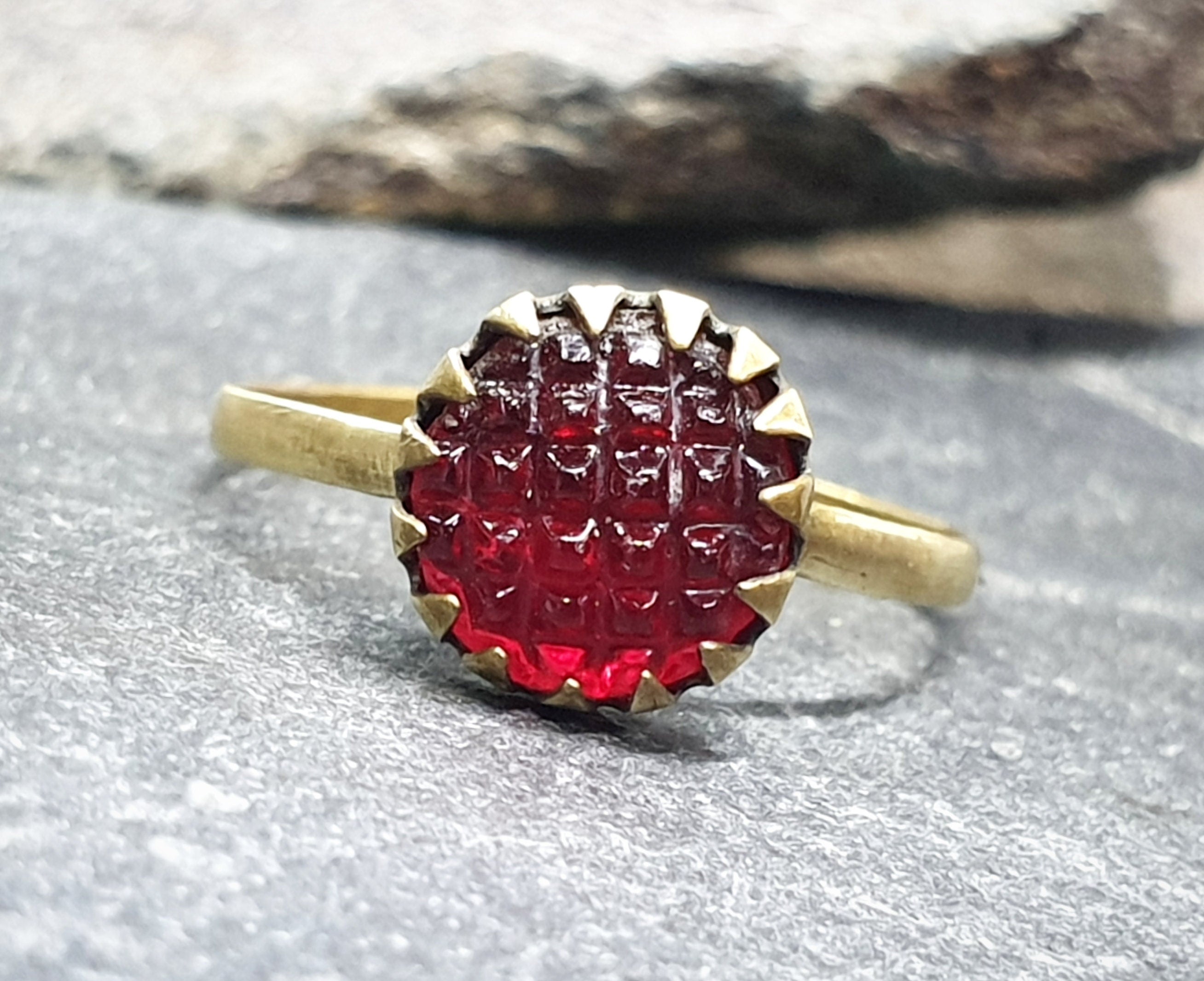 Antique Cranberry Glass Gilt RING - Small Size uk H (us 4)