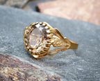 Vintage 9ct GOLD Smoky Quartz Ring with Leaf Detail - Size uk O (us 7.5) - 1.8g