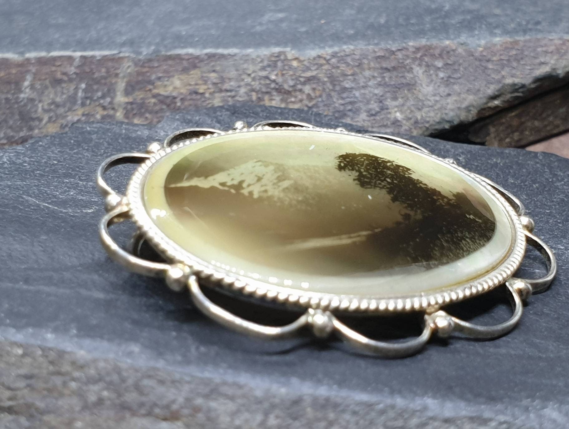 MINIATURE Hand Painted BROOCH - Scottish Loch or Lake in mop & Sterling Silver 13.4g