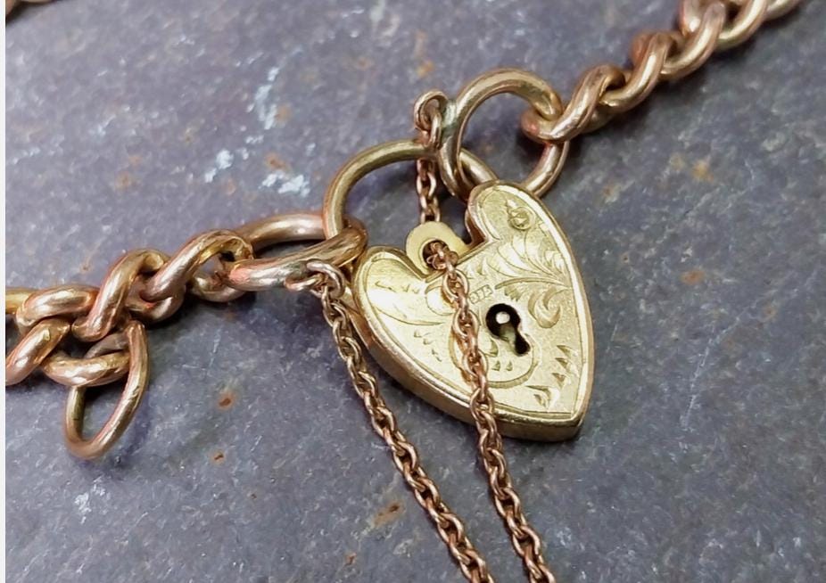 Georg Jensen 9ct Rose GOLD Bracelet & Engraved Heart Padlock Clasp c1966 - 19.4g