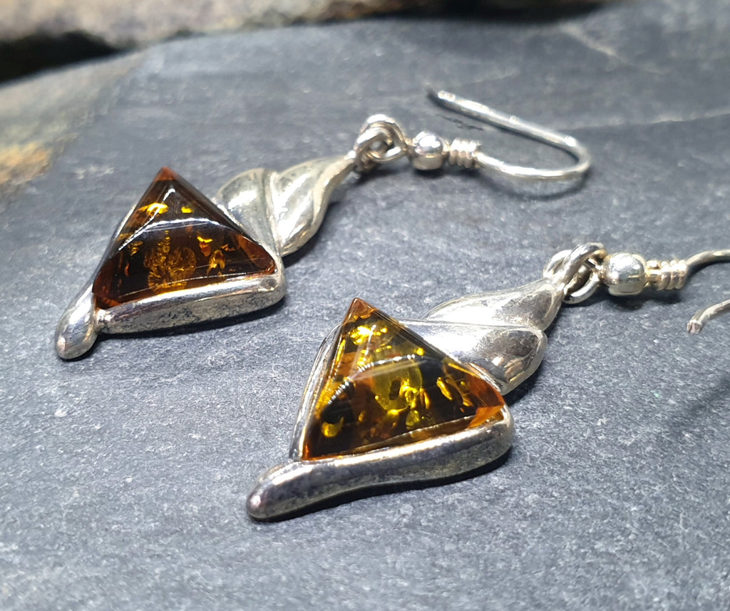 Vintage Sterling Silver AMBER EARRINGS - Dangling  - 4.6g