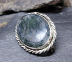 Vintage Silver Natural Green Moss Agate Brooch - 8.8g