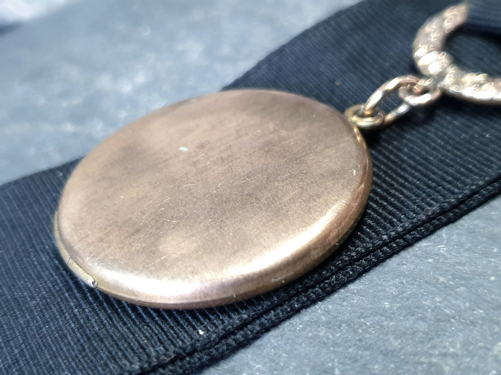 Antique Watch Ribbon with Large Round Photo locket fob - gilt pinchbeck  - 17.9g
