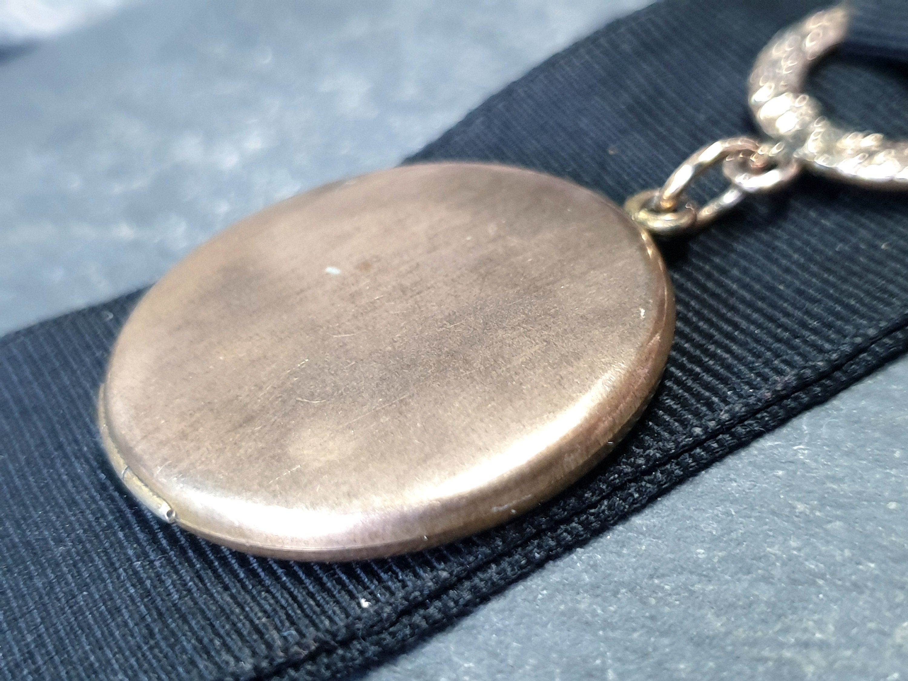 Antique Watch Ribbon with Large Round Photo locket fob - gilt pinchbeck  - 17.9g