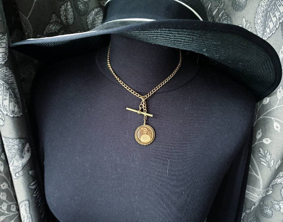 Antique Dog Clip Chain with Photo Locket Fob and T Bar - Pinchbeck 16"  - 25.9g