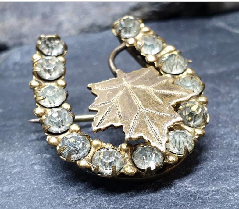 Antique HORSESHOE BROOCH - 9ct Gold Maple Leaf with Paste Stones 3.5g