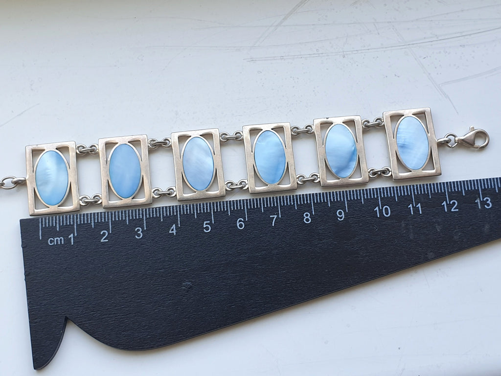 Vintage Silver Bracelet with Blue Mother of Pearl Panel Links -23.4g