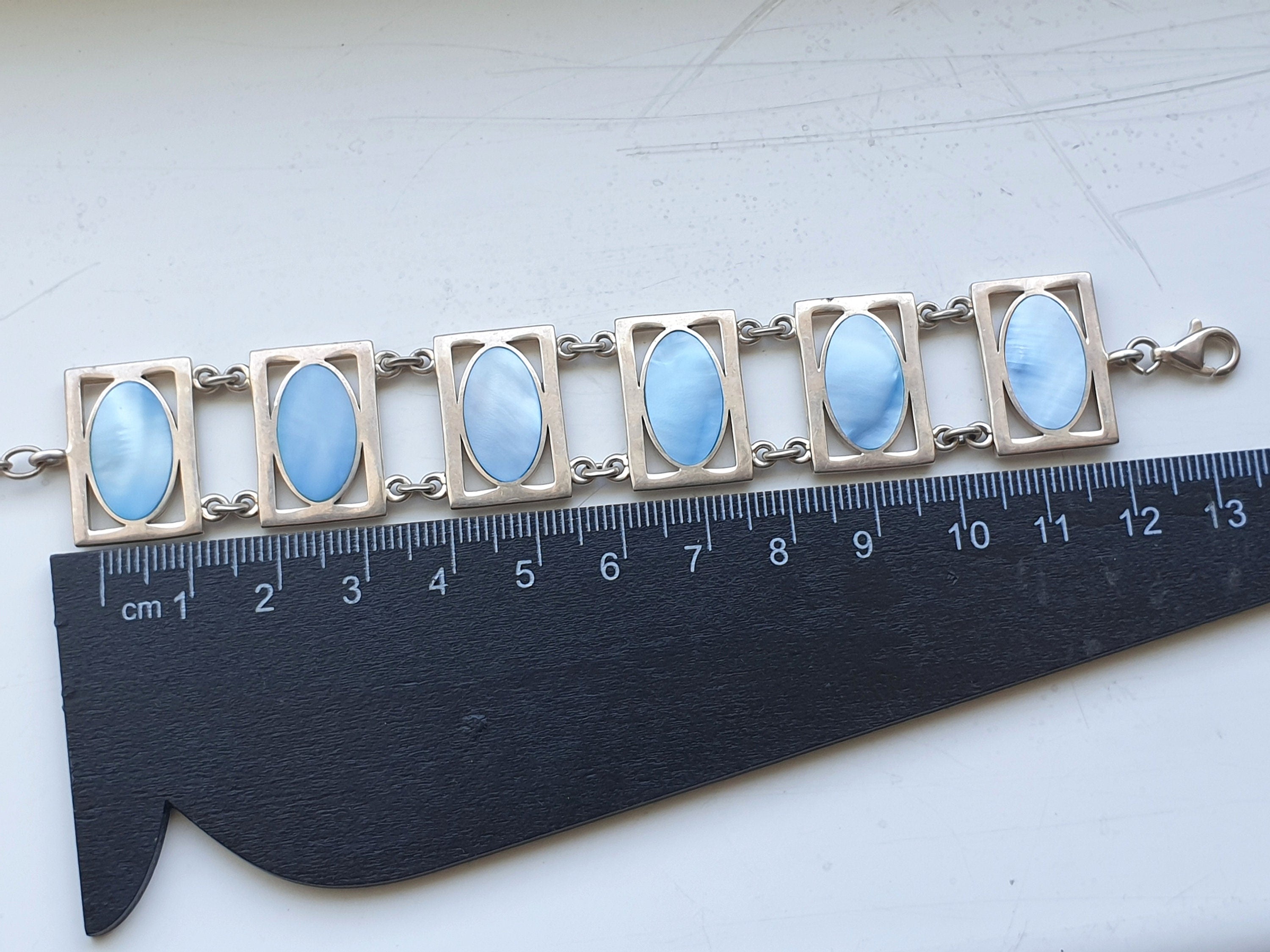 Vintage Silver Bracelet with Blue Mother of Pearl Panel Links -23.4g