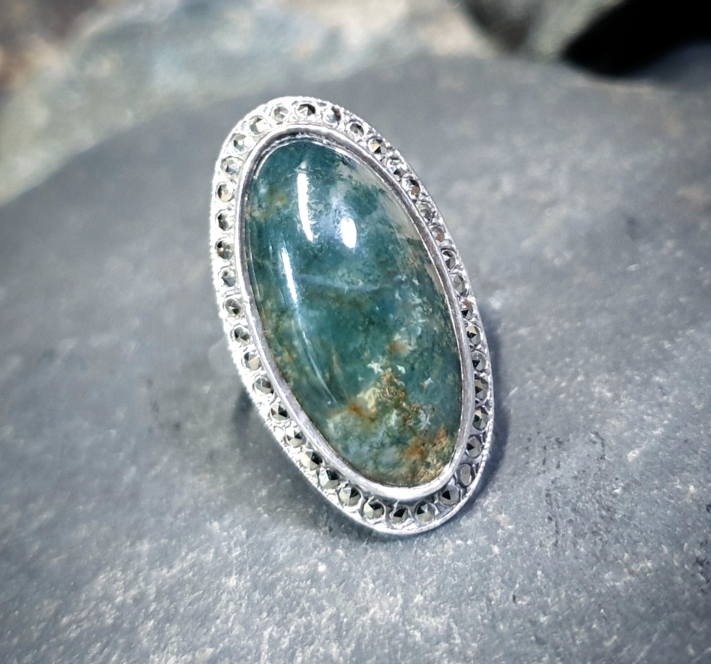 Vintage SILVER Moss Agate RING Dendritic Stone - uk size O (us 7) - 6.8g