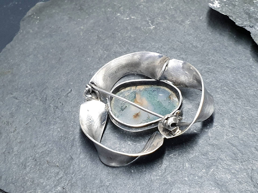 Vintage Modernist Moss Agate Silver Brooch - Sterling Silver - 9.2g