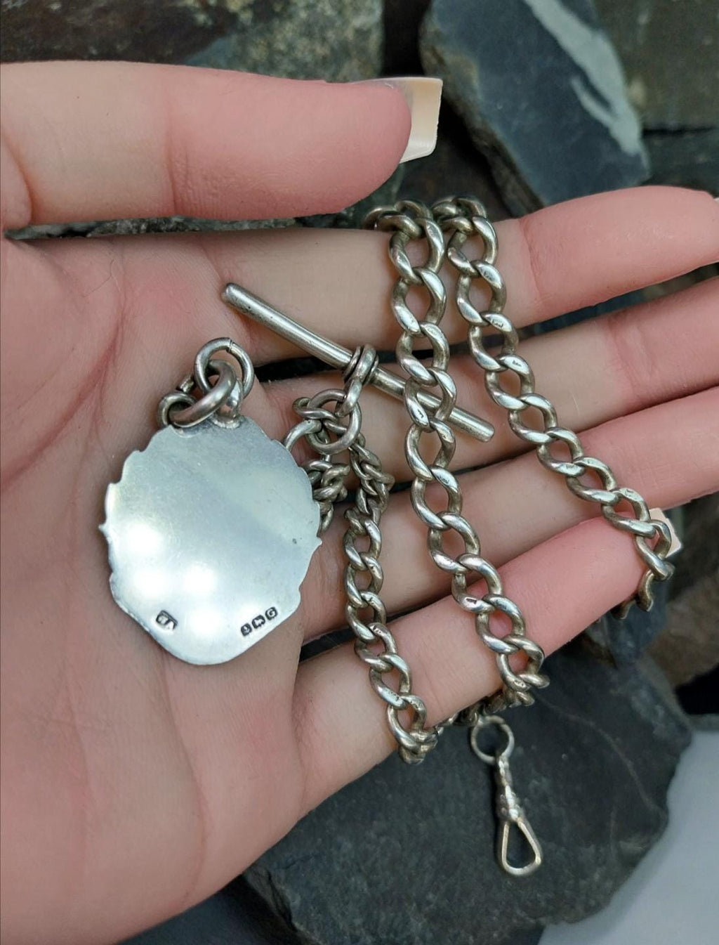 Antique Sterling Silver Albert Watch Chain with T-Bar, Medal Fob and DogClip - 16" - 35.9g