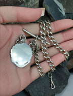 Antique Sterling Silver Albert Watch Chain with T-Bar, Medal Fob and DogClip - 16" - 35.9g