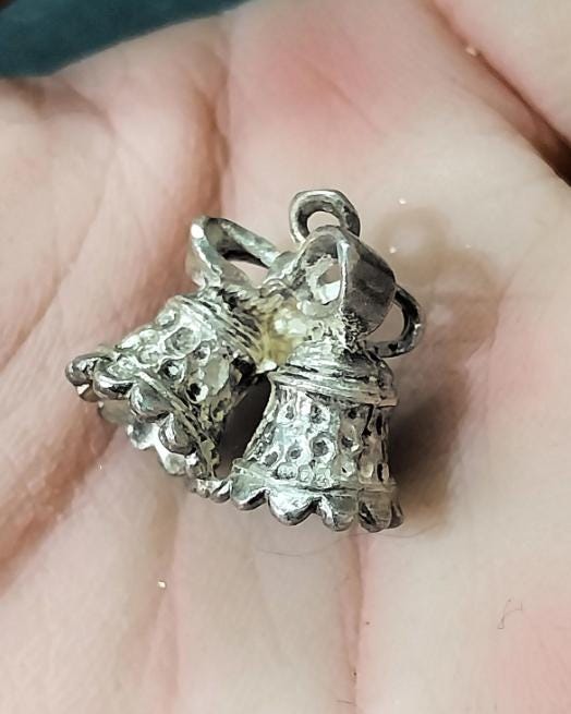 Vintage Silver TWO BELLS Charm - for bracelet, Wedding, Christmas, Anniversary, Birthday - 3.8g