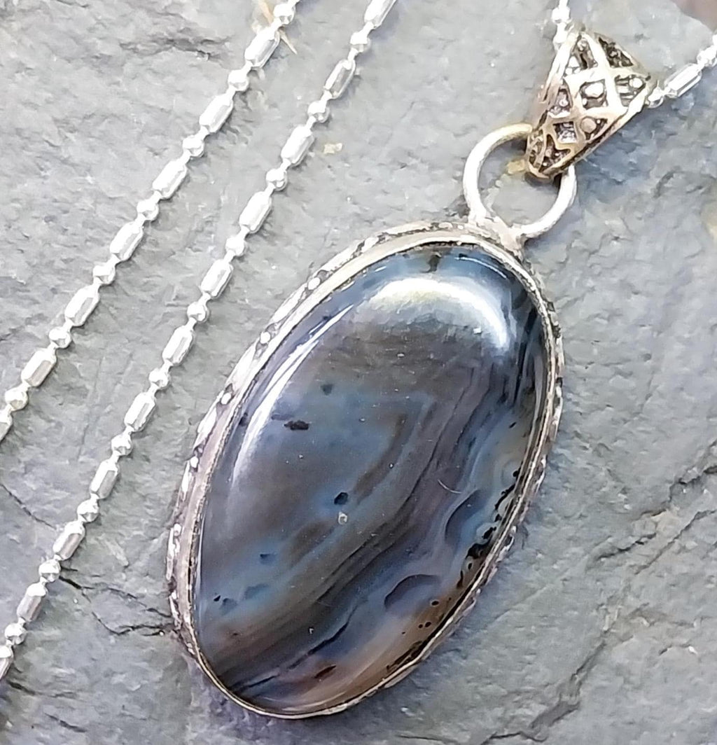Large Sterling Silver Moss / Mottled Agate Necklace Pendant on 20" Chain - 16.4g