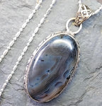 Large Sterling Silver Moss / Mottled Agate Necklace Pendant on 20" Chain - 16.4g