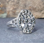 St Silver Celtic Cross ART DECO Ring - with Marcasite Stones - Size uk M (US 6.5) - 4.1g