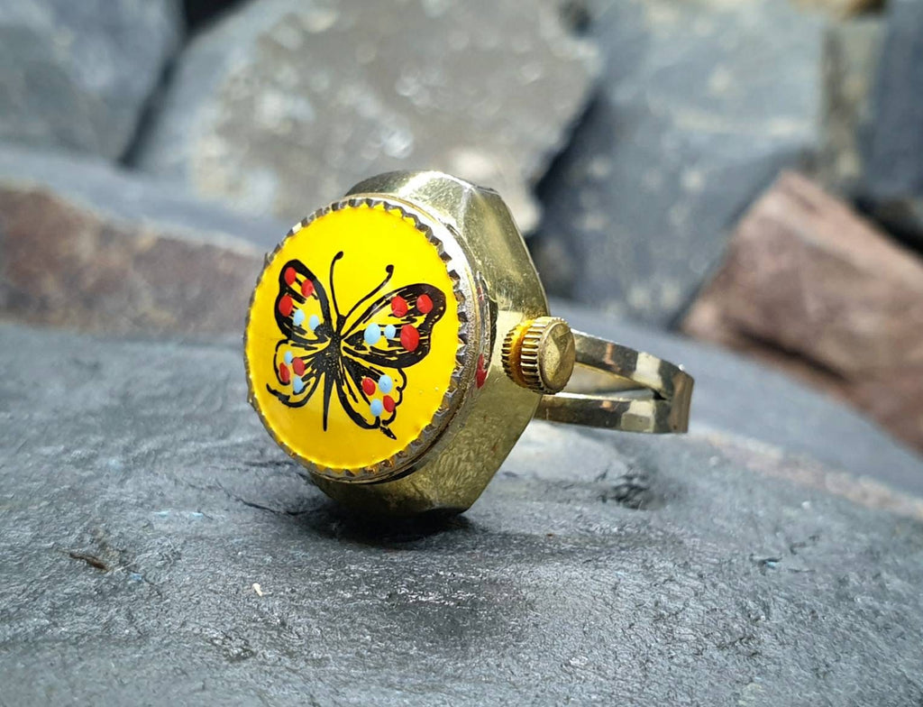 Vintage LOCKET WATCH RING - Butterfly Swissam Gold Plated - Size Adjustable - 12.1g