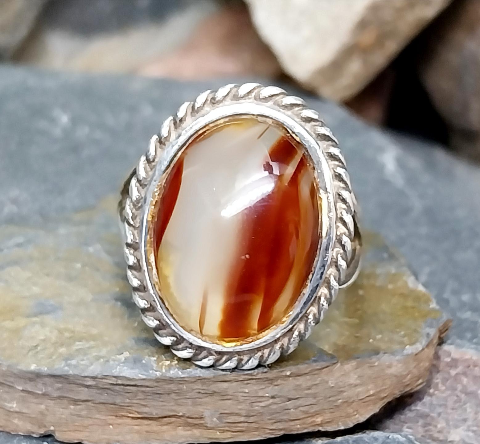 Vintage SILVER Jasper Flame AGATE Ring - Size uk R (us 8.5) - 7.8g