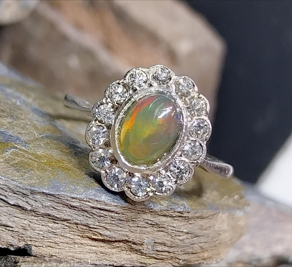Vintage 9ct Gold & Silver Fire Opal and Paste Stones Ring - Art Deco - Size uk O (us 7) - 2.3g