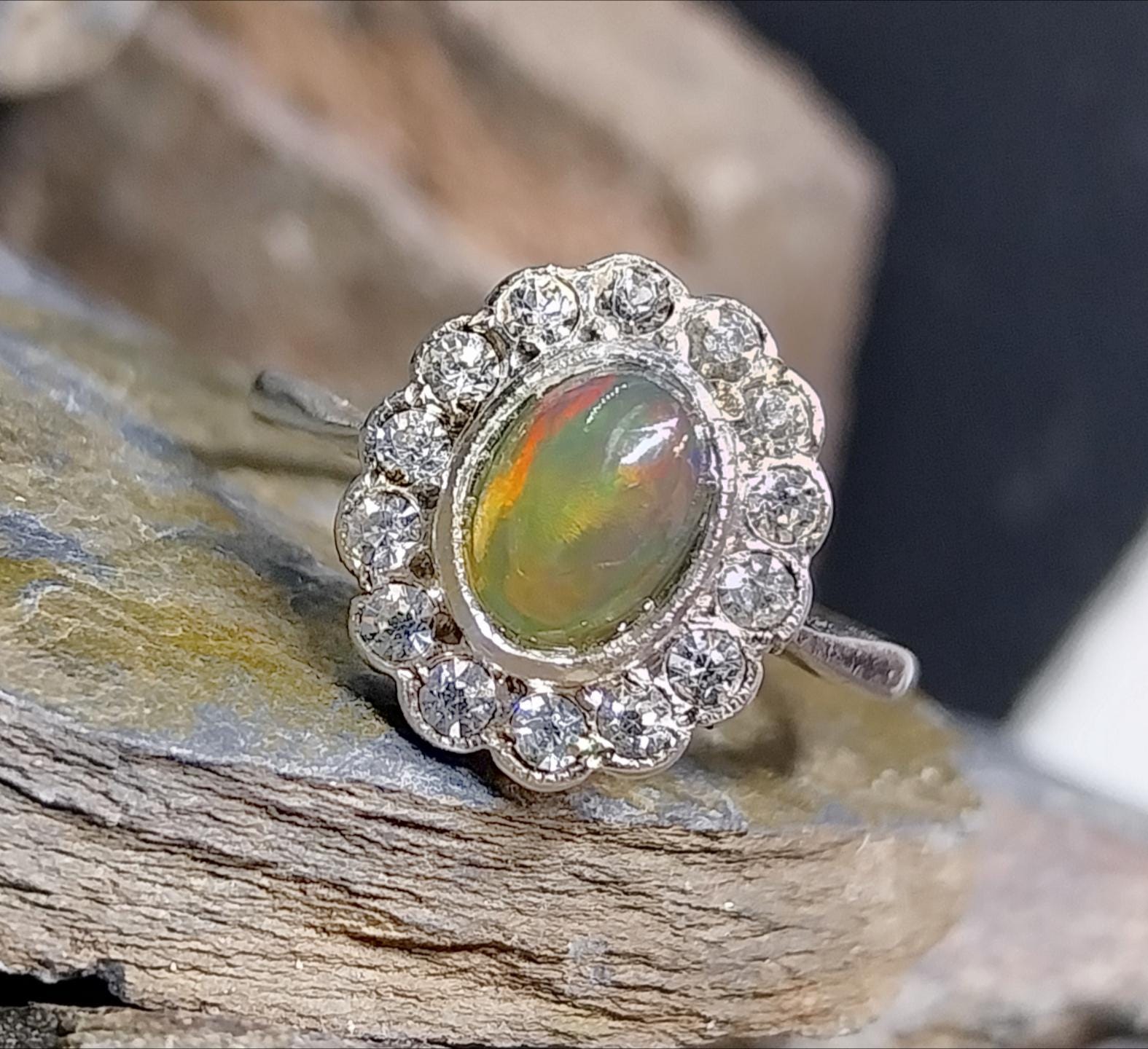 Vintage 9ct Gold & Silver Fire Opal and Paste Stones Ring - Art Deco - Size uk O (us 7) - 2.3g