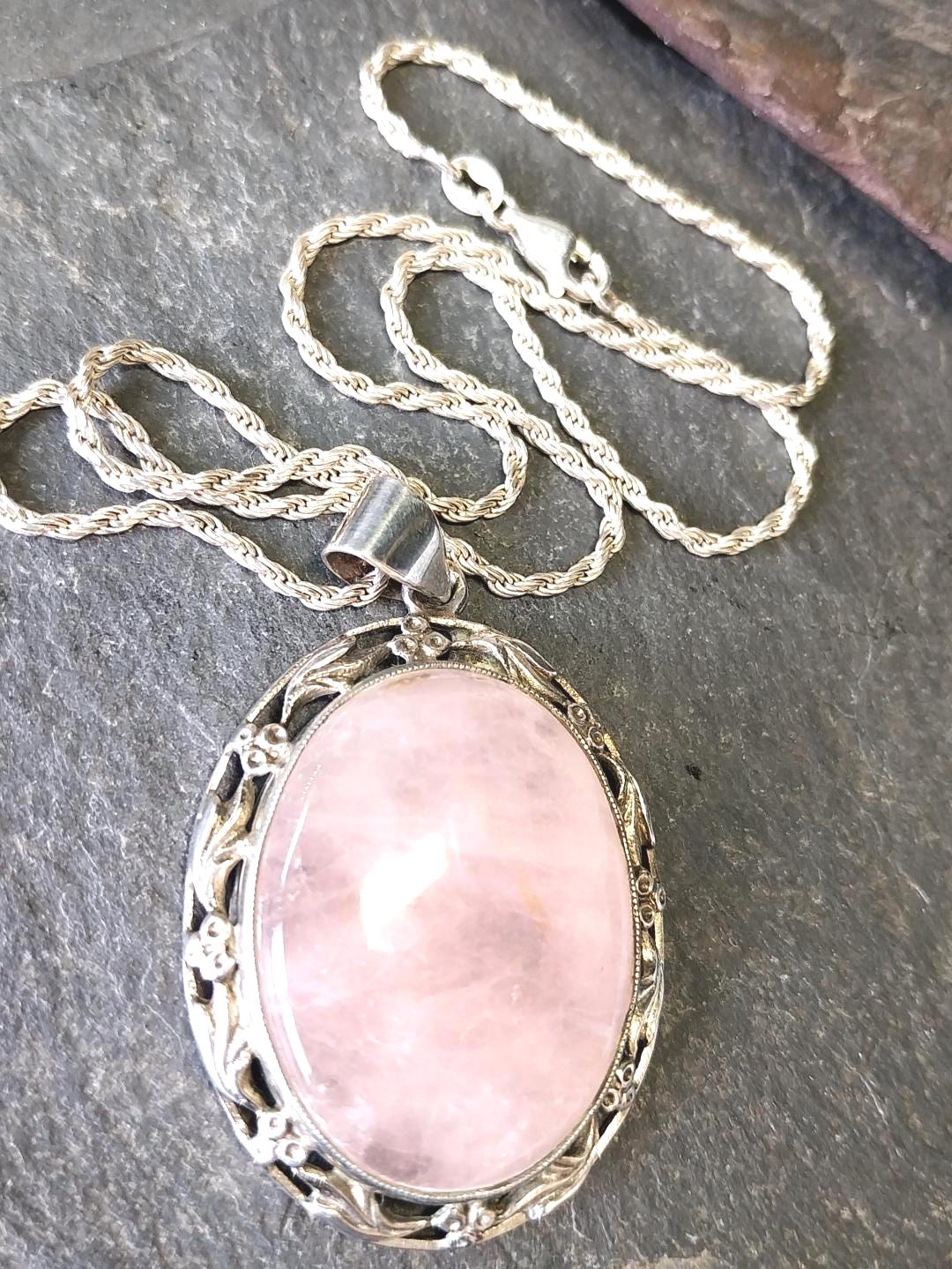 Vtg Large Sterling Silver ROSE QUARTZ  Pendant Necklace on 16" Chain - 21.2g