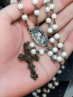 Vintage Milky White ROSARY Beads - Small Vintage Old Prayer Beads and crucifix - 28" 17g