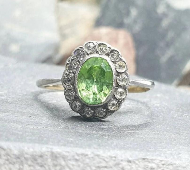 Vintage 9ct Gold Tourmaline Paste Stone Ring - Art Deco - Size uk V (us 10.5) - 2.8g