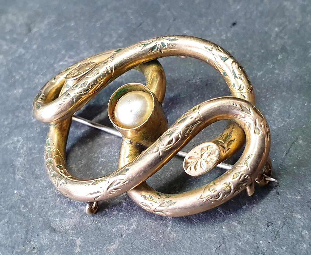 Antique 9ct Rolled Gold Infinity Lovers Knot with Pearl  - 6.6g