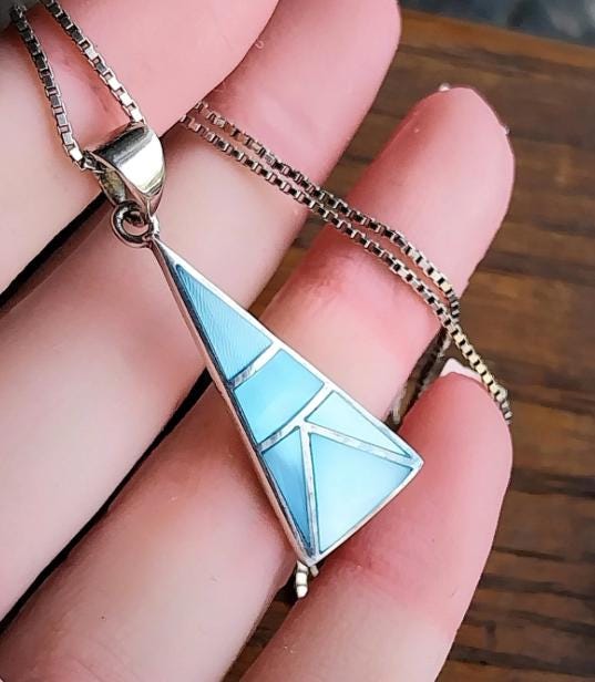 Sterling Silver Vintage Blue MOP Necklace Pendant Drop - with 16" chain - 6.1g